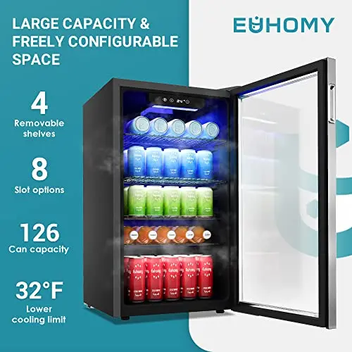 EUHOMY Glass-Door Beverage Cooler – 126-Can Capacity Mini Fridge for Kitchen, Office, or Dorm