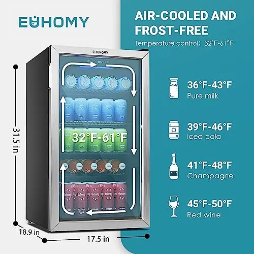 Euhomy Glass-Front Beverage Cooler – 126-Can Mini Fridge Ideal for Drinks and Snacks