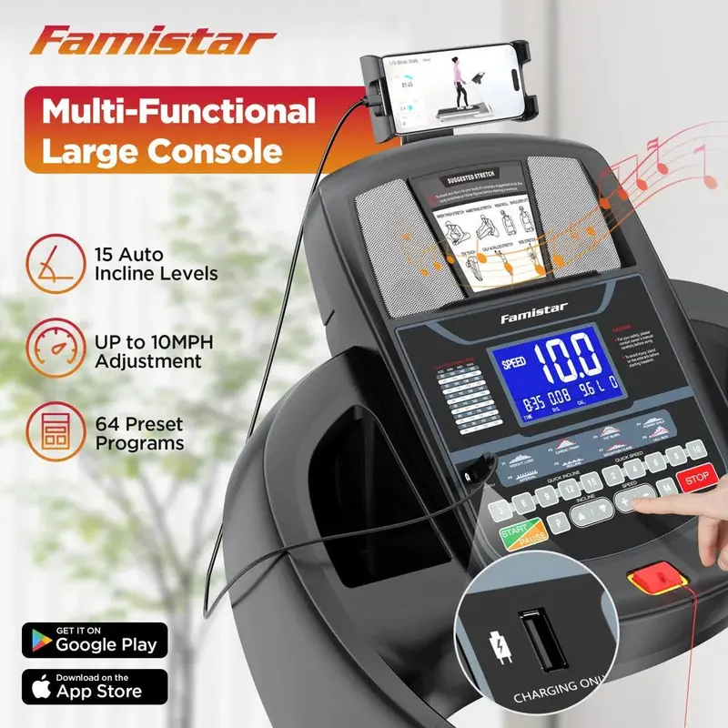 Famistar Compact Folding Treadmill – 15-Level Auto Incline, 300-Pound Weight Capacity, 10 MPH Top Speed