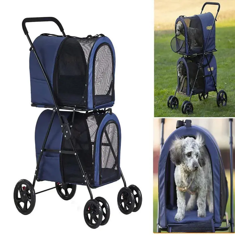 Foldable Double Pet Stroller – 42-Inch All-Terrain Carrier with Suspension System for Two Small Dogs or Cats (Navy)