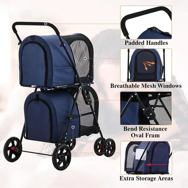 Foldable Double Pet Stroller – 42-Inch All-Terrain Carrier with Suspension System for Two Small Dogs or Cats (Navy) 2