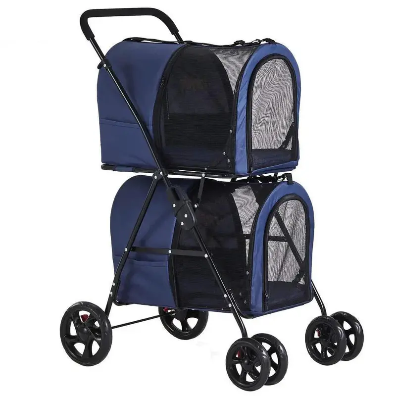 Foldable Double Pet Stroller – 42-Inch All-Terrain Carrier with Suspension System for Two Small Dogs or Cats (Navy)