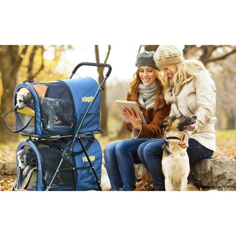 Foldable Double Pet Stroller – 42-Inch All-Terrain Carrier with Suspension System for Two Small Dogs or Cats (Navy)