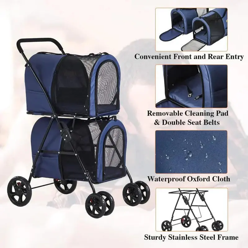 Foldable Double Pet Stroller – 42-Inch All-Terrain Carrier with Suspension System for Two Small Dogs or Cats (Navy)