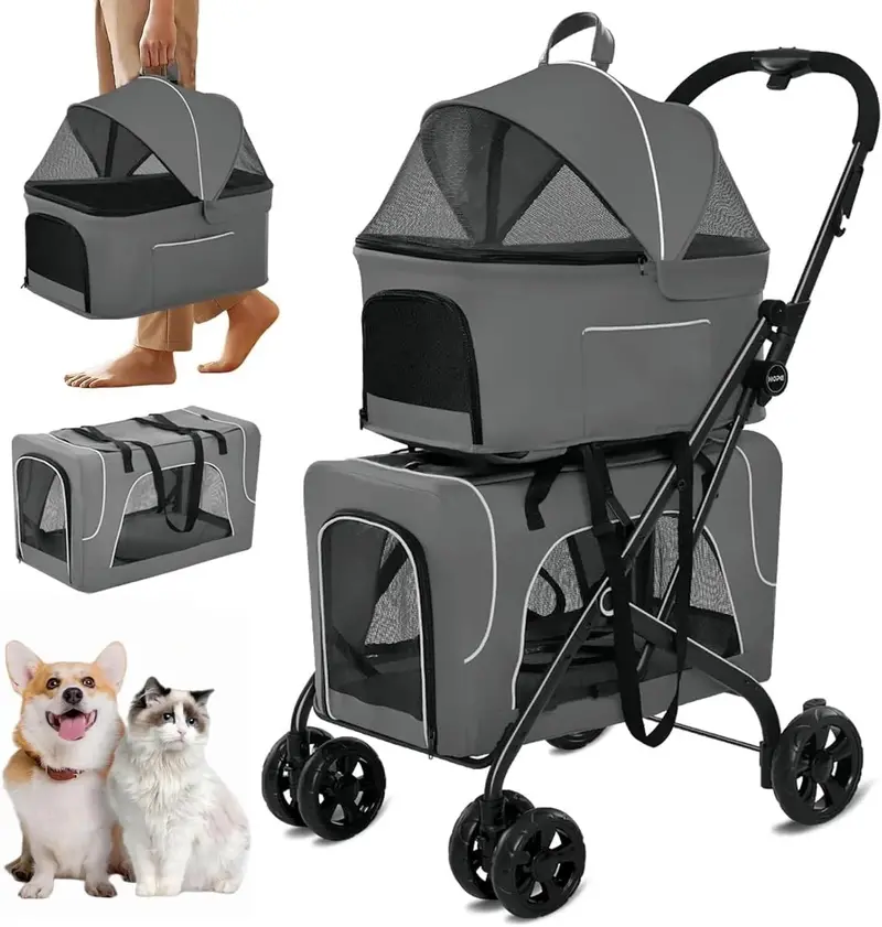 Foldable Double Pet Stroller with Dual Detachable Crates, Locking Wheels, and Safety Harnesses