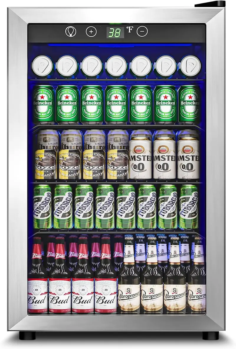Glass-Door Beverage Cooler – 3.2 Cu. Ft. Mini Fridge, Holds Up to 126 Cans, Four Adjustable Shelves, Modern Silver Finish