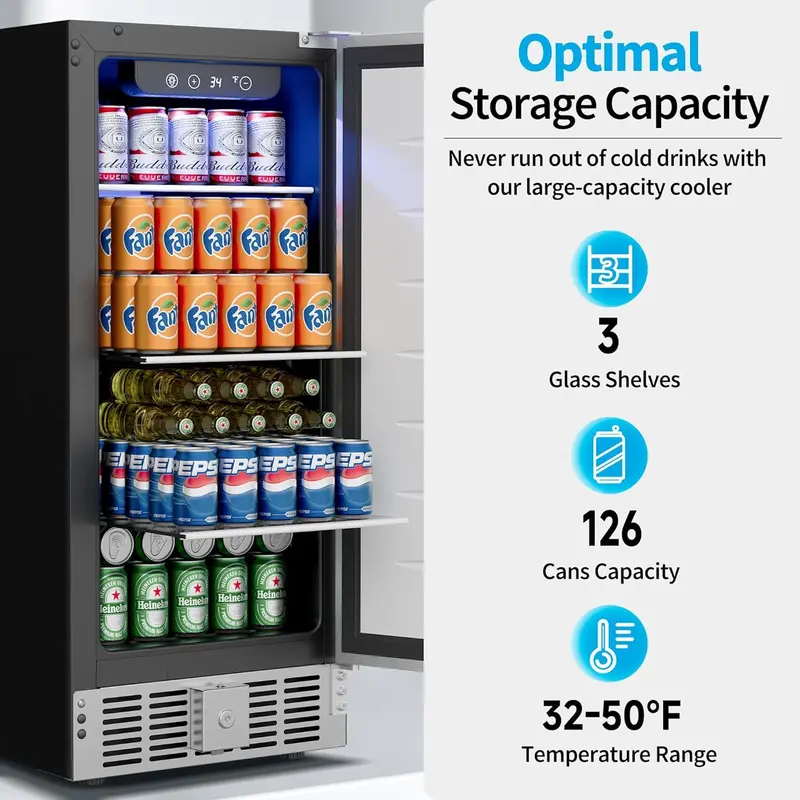 Glass-Door Beverage Cooler – 3.2 Cu. Ft. Mini Fridge, Holds Up to 126 Cans, Four Adjustable Shelves, Modern Silver Finish