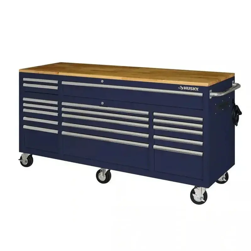 Husky Professional 72-Inch Rolling Workbench – Gloss Blue Finish, Solid Wood Surface, 18-Drawer Tool Organization