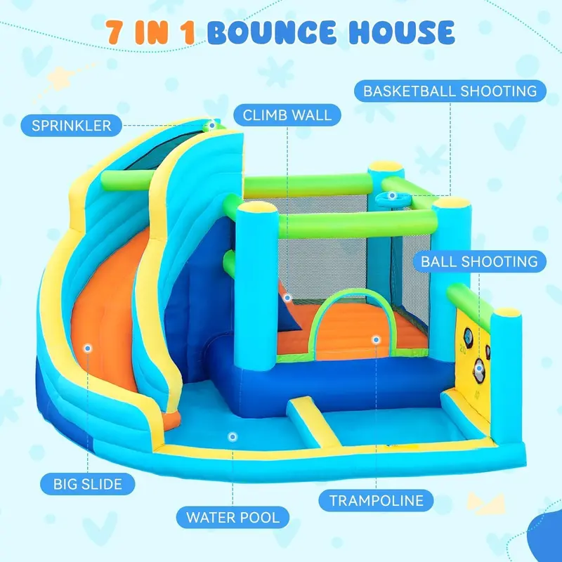 Inflatable Outdoor Play Center with Water Slide, Climbing Wall, Splash Pool, Ball Shooter, and Built-In 450W Blower 2