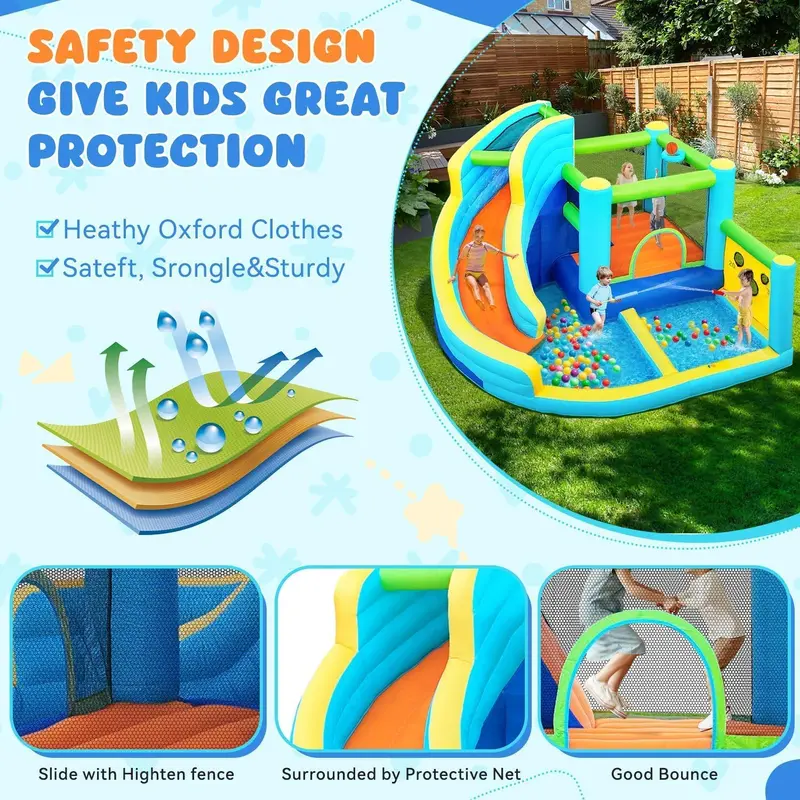 Inflatable Outdoor Play Center with Water Slide, Climbing Wall, Splash Pool, Ball Shooter, and Built-In 450W Blower