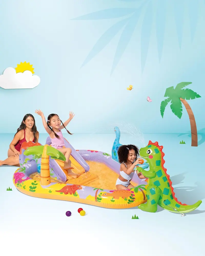 Intex Jungle Adventure Inflatable Water Play Center – Oversized Backyard Splash Pool with Slide & Spray Features (96" x 78" x 28")