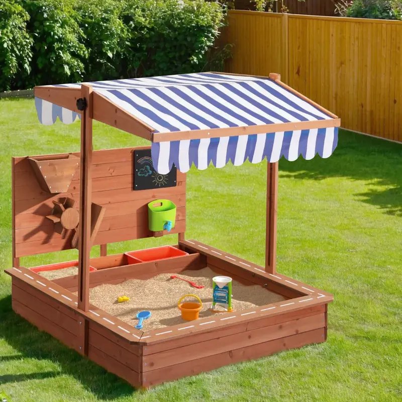 Keezi Wooden Sandpit with Adjustable Canopy & Play Accessories – Kid-Safe Outdoor Activity Center