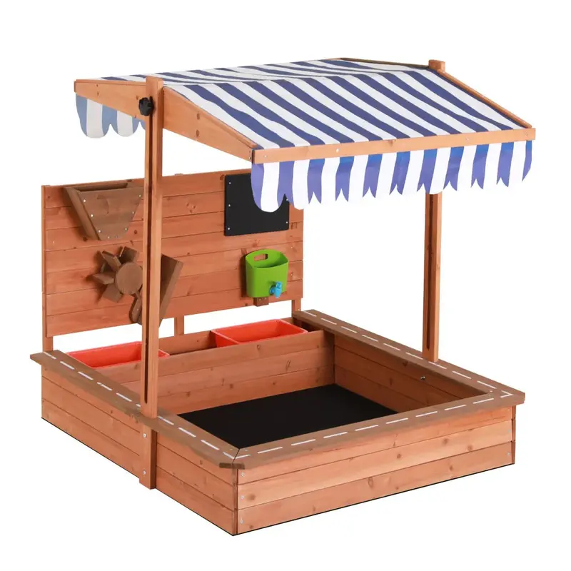 Keezi Wooden Sandpit with Adjustable Canopy & Play Accessories – Kid-Safe Outdoor Activity Center 2