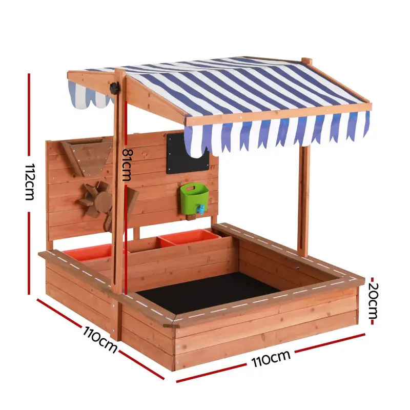 Keezi Wooden Sandpit with Adjustable Canopy & Play Accessories – Kid-Safe Outdoor Activity Center