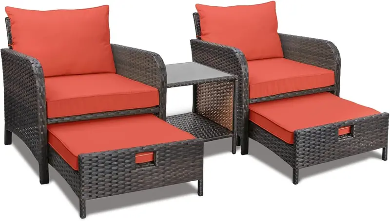 LEVELEVE Brown PE Wicker 5-Piece Outdoor Conversation Set with Padded Seating, Matching Ottomans, and Tempered Glass Center Table