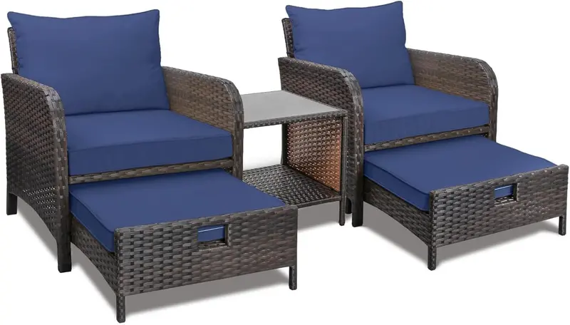 LEVELEVE Brown PE Wicker 5-Piece Outdoor Conversation Set with Padded Seating, Matching Ottomans, and Tempered Glass Center Table 2