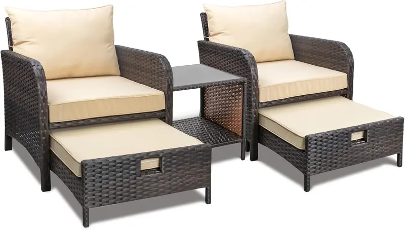 LEVELEVE Brown PE Wicker 5-Piece Outdoor Conversation Set with Padded Seating, Matching Ottomans, and Tempered Glass Center Table