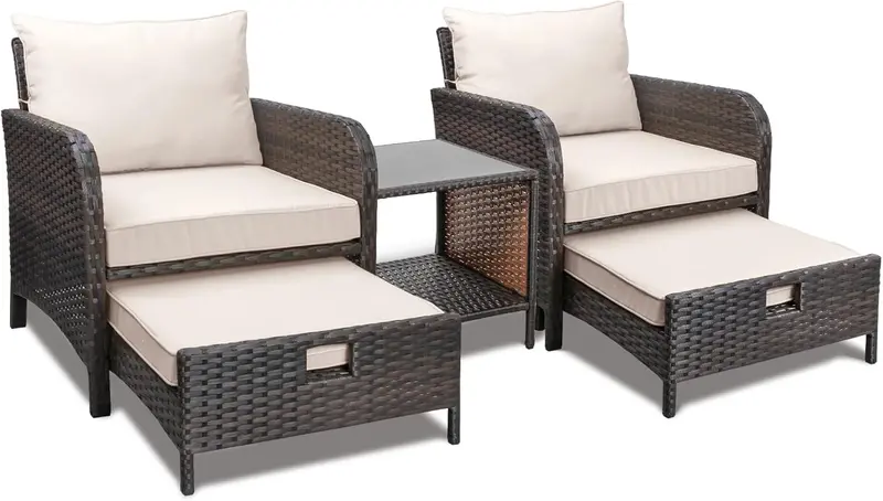 LEVELEVE Brown PE Wicker 5-Piece Outdoor Conversation Set with Padded Seating, Matching Ottomans, and Tempered Glass Center Table