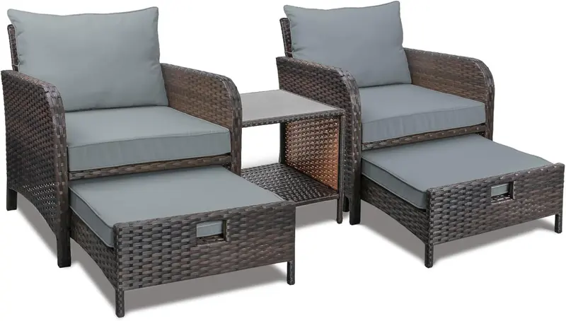 LEVELEVE Brown PE Wicker 5-Piece Outdoor Conversation Set with Padded Seating, Matching Ottomans, and Tempered Glass Center Table