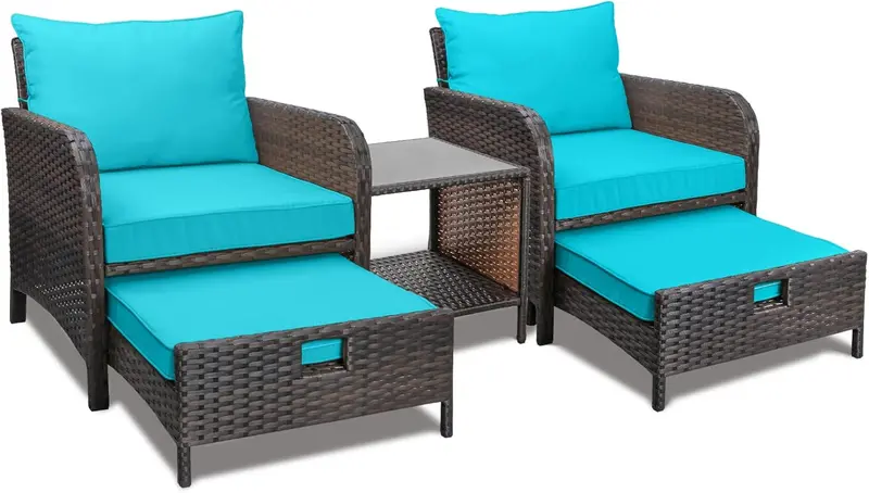 LEVELEVE Brown PE Wicker 5-Piece Outdoor Conversation Set with Padded Seating, Matching Ottomans, and Tempered Glass Center Table
