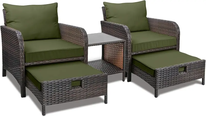 LEVELEVE Brown PE Wicker 5-Piece Outdoor Conversation Set with Padded Seating, Matching Ottomans, and Tempered Glass Center Table