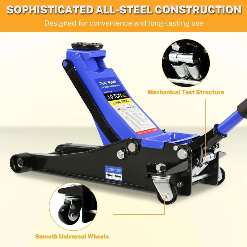 Low-Profile Floor Jack – 4-Ton Heavy-Duty Trolley Lift with Dual-Piston Pump (4"–21" Lift Range, 8000 lbs Capacity)