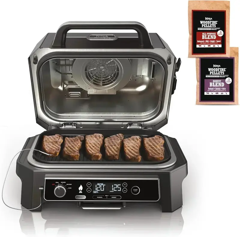 Ninja Woodfire Pro XL 4-in-1 Outdoor Cooking System – Grill, Smoker, Air Fryer & Precision Thermometer