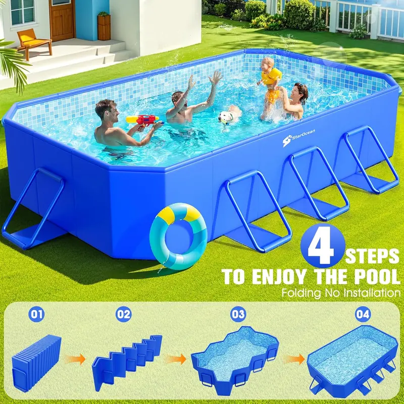 Non-Inflatable Collapsible Hard-Shell Swimming Pool – Oversized Foldable Backyard Pool (115" x 66" x 20") with Decorative Mosaic Finish for All Ages