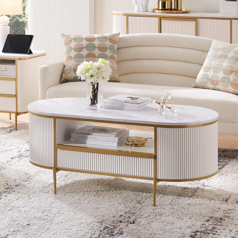 OKD Oval Imitation Marble Coffee Table – 48-Inch Grooved Surface with Gold-Trimmed Drawers