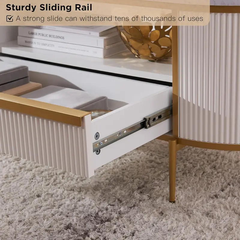 OKD Oval Imitation Marble Coffee Table – 48-Inch Grooved Surface with Gold-Trimmed Drawers