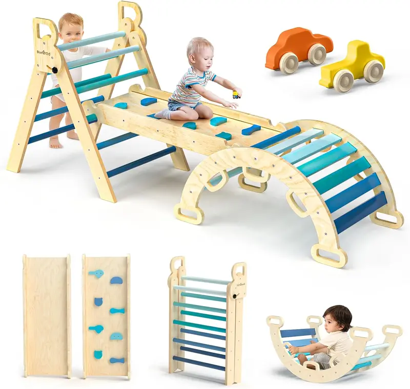 Pikler Triangle 7-in-1 Montessori Climbing Gym — Foldable Wooden Set with Rainbow Finish, Ramp, Arch, and Ladder