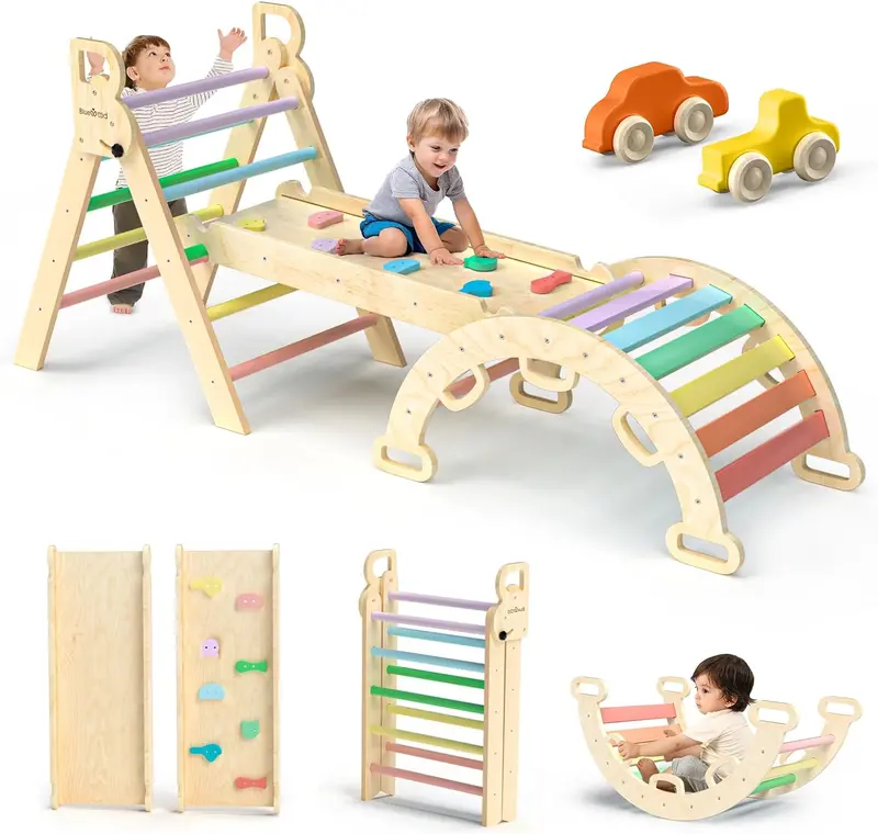 Pikler Triangle 7-in-1 Montessori Climbing Gym — Foldable Wooden Set with Rainbow Finish, Ramp, Arch, and Ladder 2