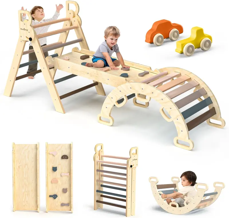 Pikler Triangle 7-in-1 Montessori Climbing Gym — Foldable Wooden Set with Rainbow Finish, Ramp, Arch, and Ladder