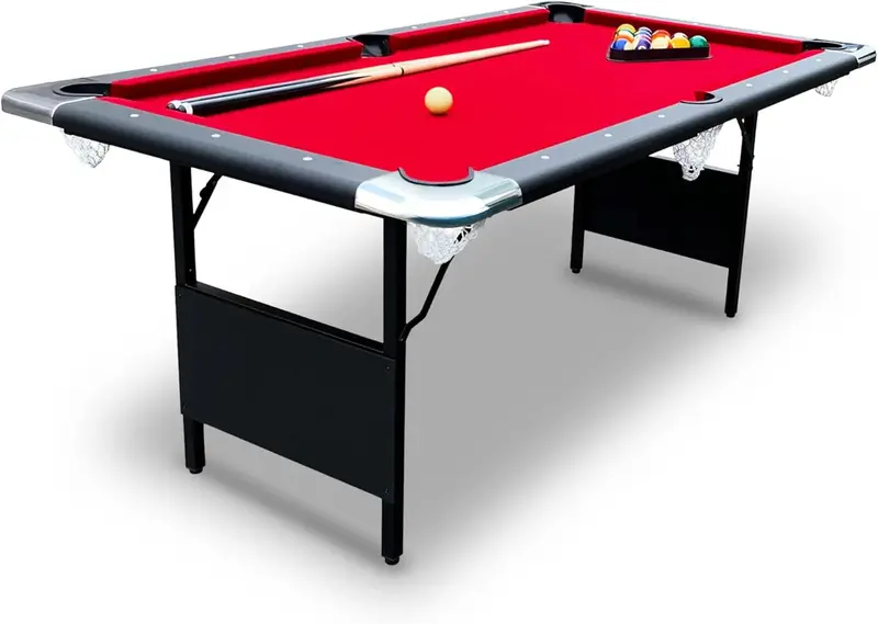Portable 6-Foot Folding Billiards Table for Adults – Compact Indoor/Outdoor Pool Set with Cues, Balls, Chalk, Brush & Integrated Storage