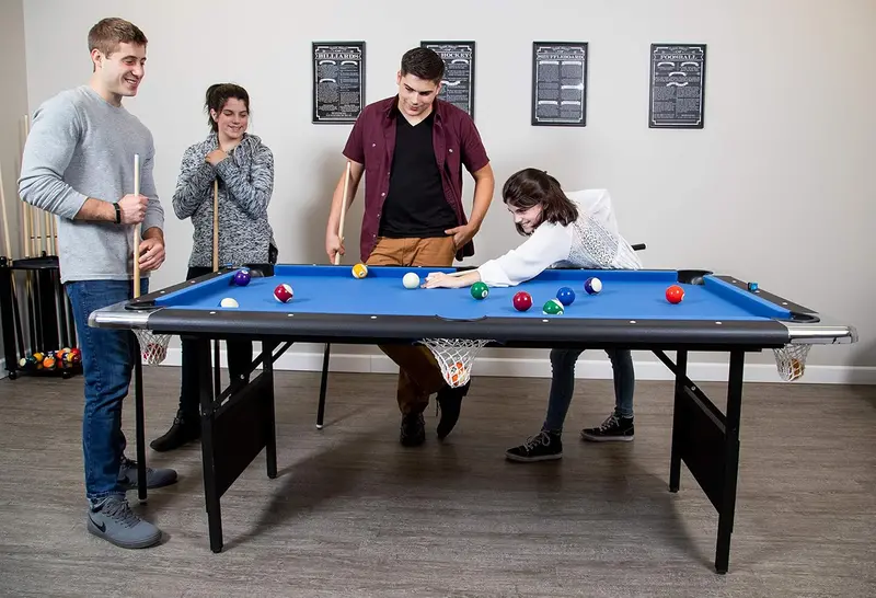 Portable 6-Foot Folding Billiards Table for Adults – Compact Indoor/Outdoor Pool Set with Cues, Balls, Chalk, Brush & Integrated Storage