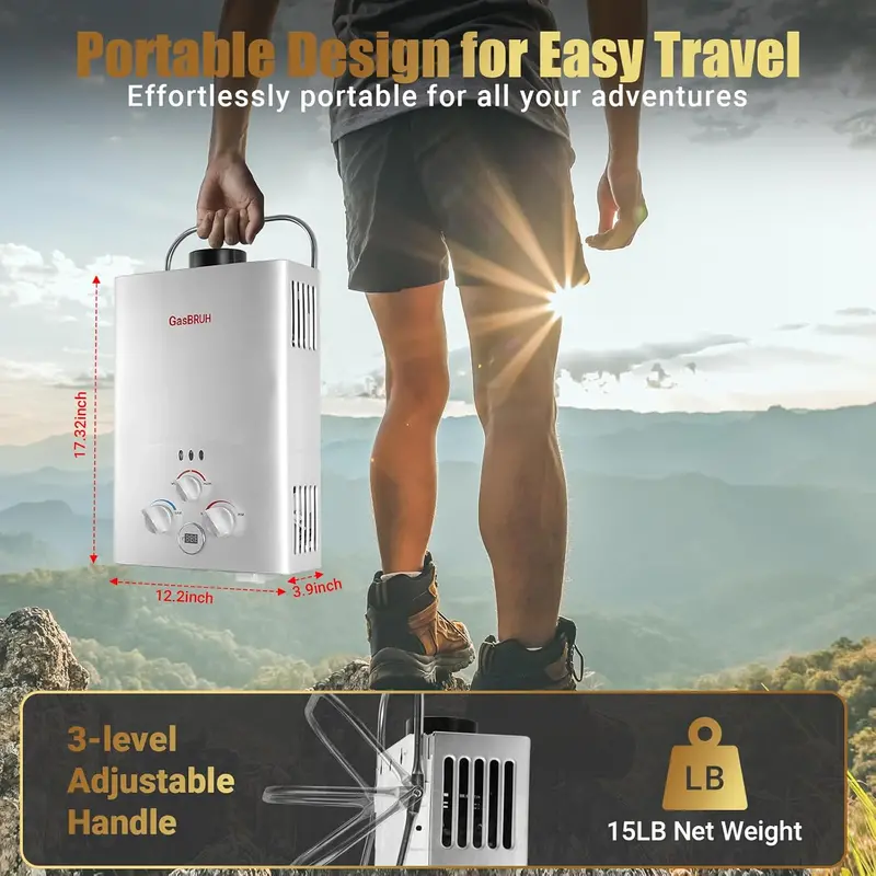 Portable Propane Tankless Water Heater – 1.58 GPM On-Demand Unit for RVs, Outdoors & Indoor Installations with Overheat Safeguards