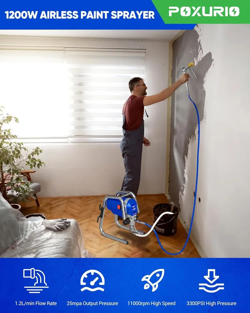 POXURIO 1200W High-Performance Airless Paint Sprayer – 3300 PSI Electric Unit for Flawless, Professional Finishes 2
