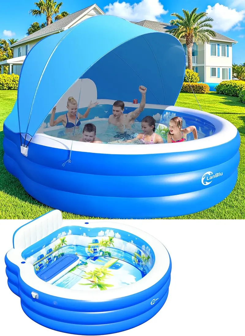 Round Canopy Lounge Pool with Ergonomic Bench – 92" Diameter Inflatable Swim Center for Families, Adults & Kids Alike