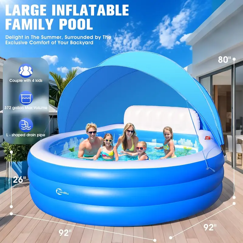 Round Canopy Lounge Pool with Ergonomic Bench – 92" Diameter Inflatable Swim Center for Families, Adults & Kids Alike