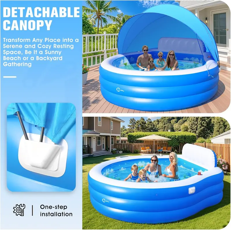 Round Canopy Lounge Pool with Ergonomic Bench – 92" Diameter Inflatable Swim Center for Families, Adults & Kids Alike