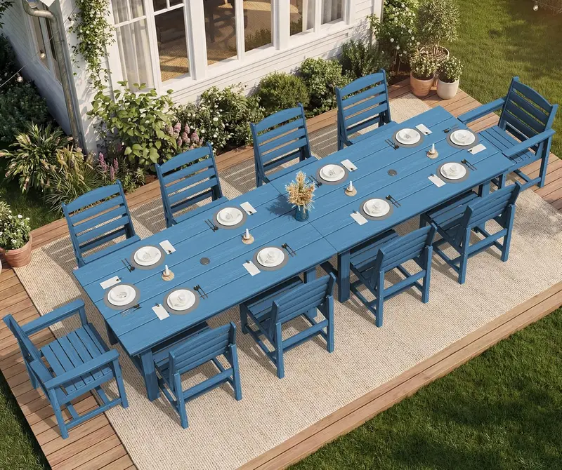 SERWALL Blue HDPE 7-Piece Outdoor Dining Set: Weatherproof Patio Table with Umbrella Hole + Six Stackable Chairs