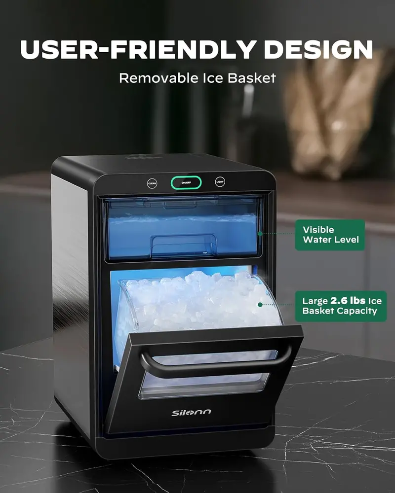 Silonn Nugget Ice Maker for Countertops – Pull-Out Reservoir, Removable Ice Bin, Rapid Ice Production Cycle & Compact Footprint