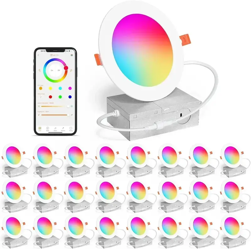 Smart 4-Inch RGBCW Canless LED Downlight – 12W Tunable Color, Built-in Junction Box & Dimmable Control