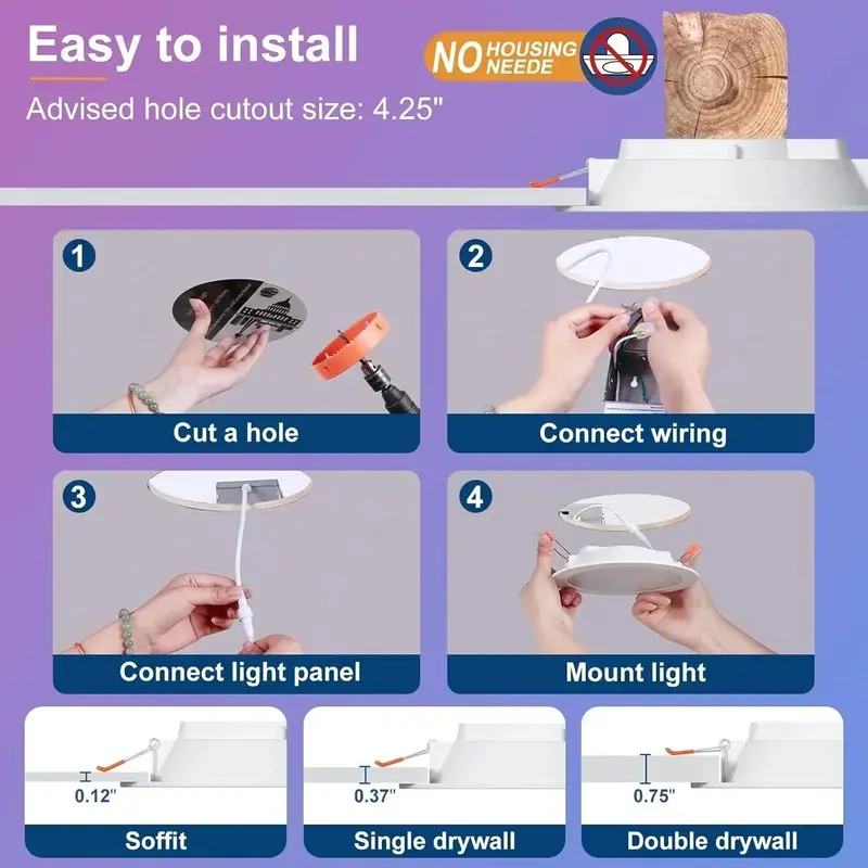 Smart 4-Inch RGBCW Canless LED Downlight – 12W Tunable Color, Built-in Junction Box & Dimmable Control