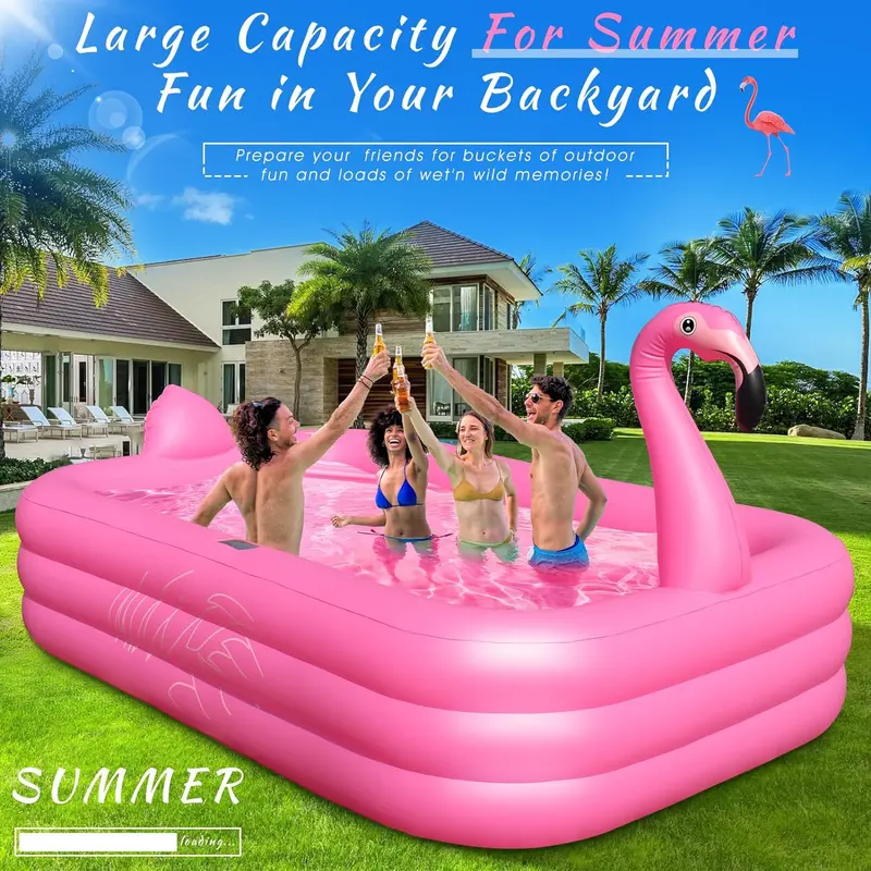 Solar-Powered LED Flamingo Inflatable Pool – Illuminated Backyard Splash Pool (105" x 65" x 25") with Thickened Walls for Kids & Adults