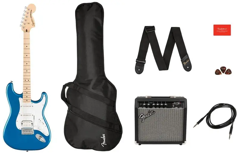 Squier Affinity Stratocaster HSS Electric Guitar Pack – Lake Placid Blue, Maple Fingerboard, Gig Bag & Starter Accessories