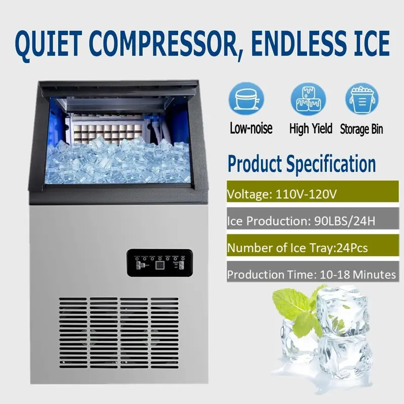 Stainless Steel Undercounter or Freestanding Ice Maker — 90 lbs/24H Production, 33-Lb Storage Bin, Top-Loading Convenience