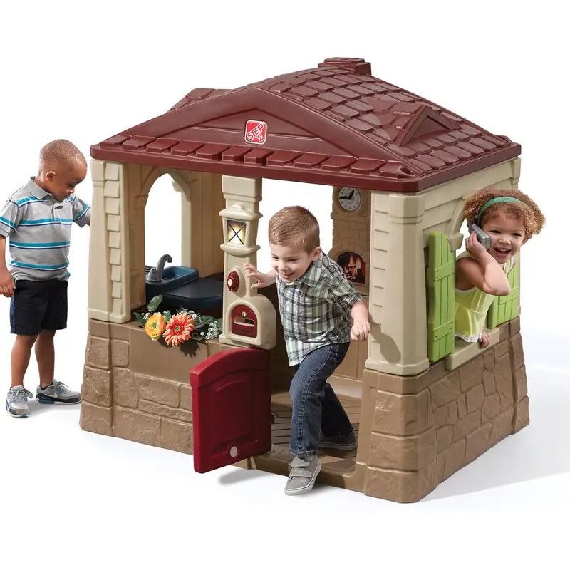 Step2 Neat & Tidy Cottage II Outdoor Playhouse for Kids – Weatherproof Brown Plastic Design Featuring Dutch Door and Pretend Kitchen 2
