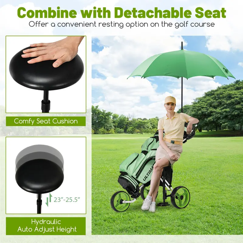 Three-Wheel Golf Push Cart – Space-Saving Foldable Caddy with Ergonomic Seat and Precision-Rolling Wheels