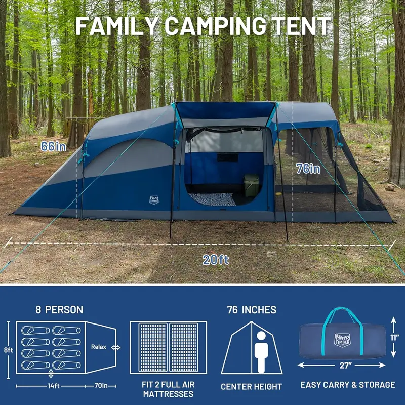 TIMBER RIDGE 8-Person Waterproof Tunnel Tent with Double-Layer Construction for Family Camping